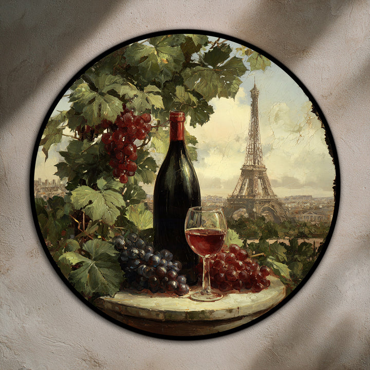 Visible textured edge and borders surround the Paris Vineyard Still Life round oil painting decoration, enhancing the artwork's traditional character.