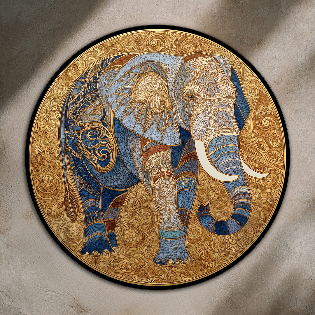 Soberano Dorado – Medallón de Elefante Ornamentado Redondo Cuadro al óleo