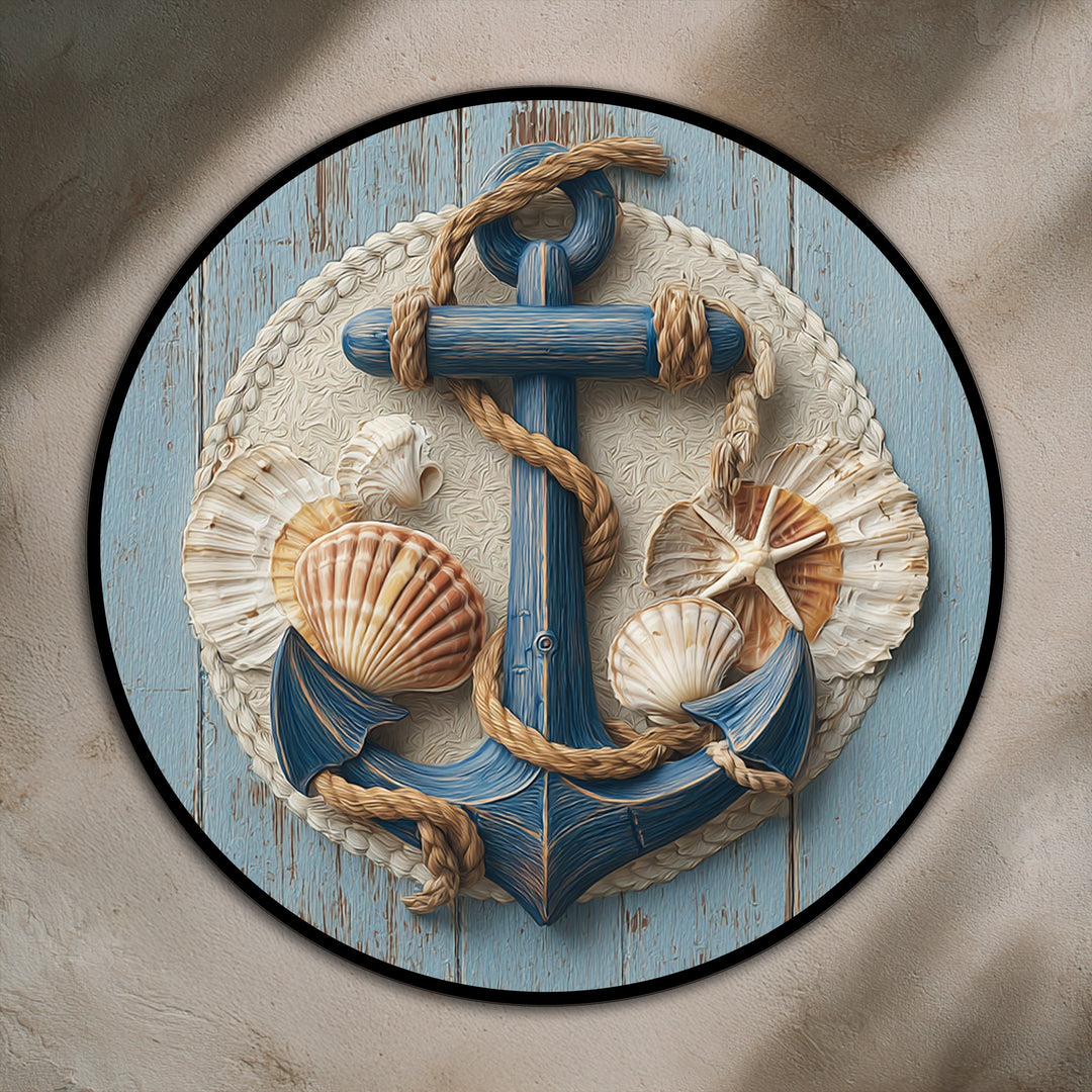 Highlighting the layering effect, this nautical anchor and seashell round coastal oil painting artwork showcases textures of rope, shells, and weathered wood.