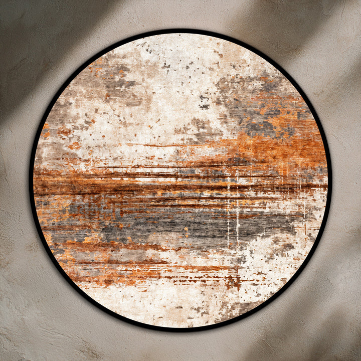 With nuanced color saturation, the round Rust Horizon Texture oil painting wall art displays earthy abstract tones with rust and a visible horizon line.
