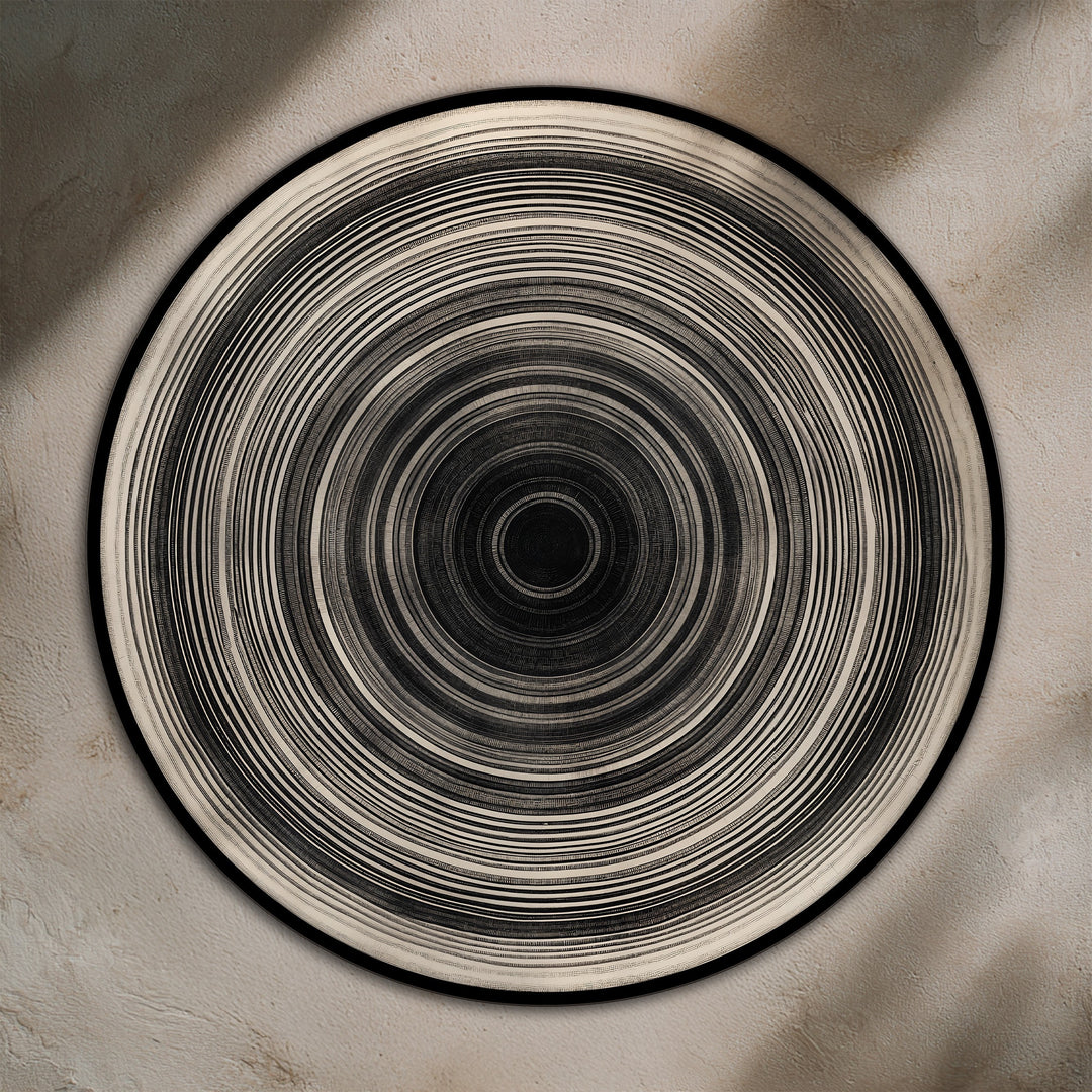 Rich surface texture defines the concentric monochrome lines of this minimalist circular wooden oil painting art prints, creating depth and visual interest.
