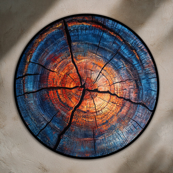 Foreground detail highlights the radial cracks and fiery, vibrant tones of the Ember Core abstract wood ring oil painting wall art, offering a textural depth.