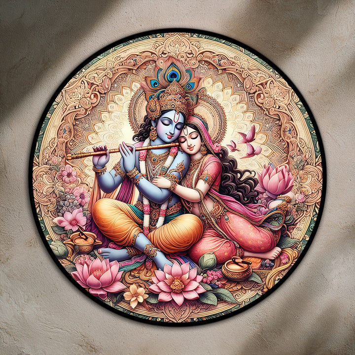 Negative space surrounds the figures of Radha and Krishna in this round oil painting wall art, highlighting their divine love amidst lotus blossoms.