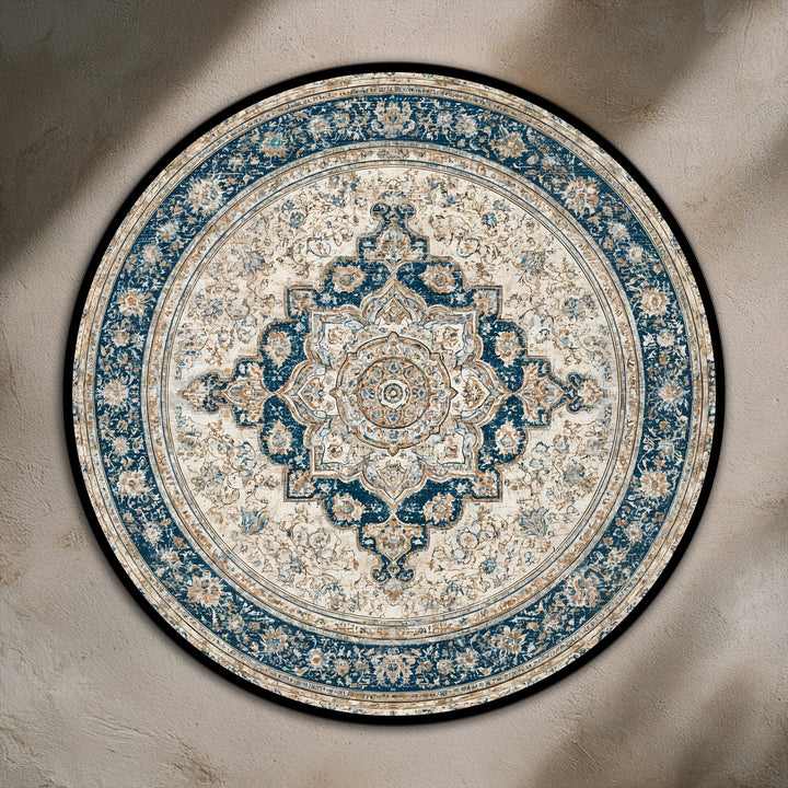 Dominant navy hues define this round oil painting, showcasing a vintage Persian mandala in a style that exemplifies modern oil painting art.