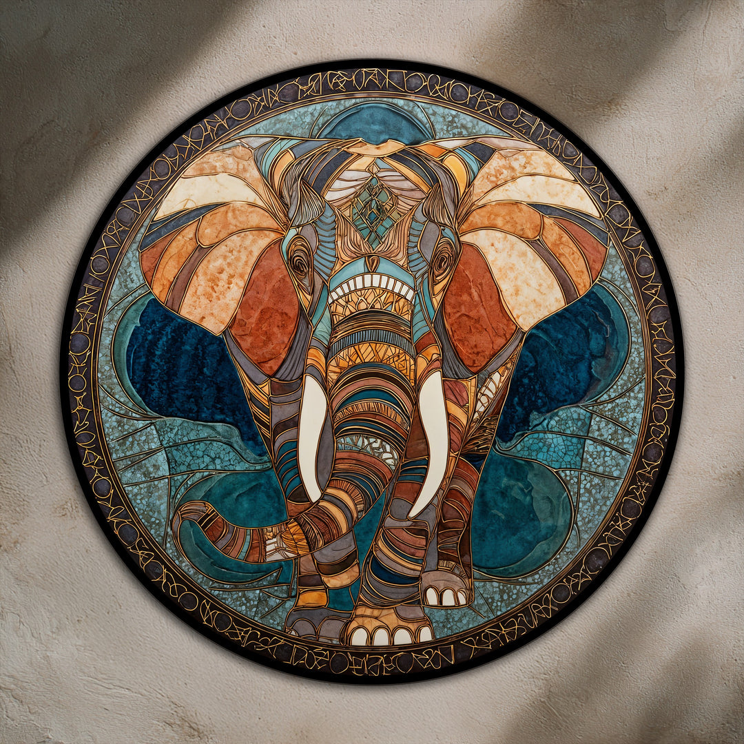 With realistic detail, a striking round oil painting wall art displays a geometric elephant, showcasing mosaic-like features and ornate details in luxurious style.