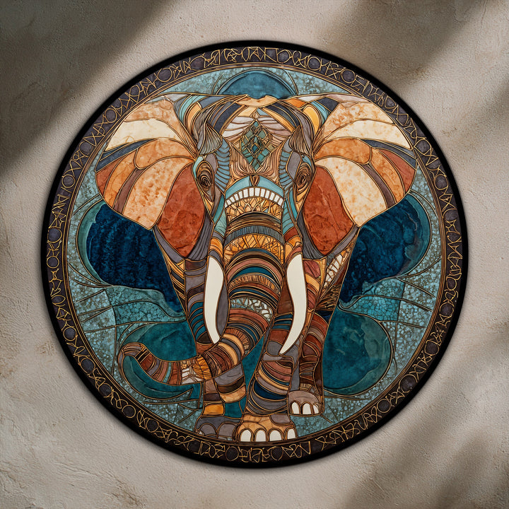 With realistic detail, a striking round oil painting wall art displays a geometric elephant, showcasing mosaic-like features and ornate details in luxurious style.