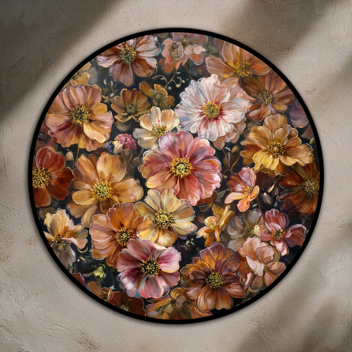 Revealing the abstract quality, this floral round oil painting art piece showcases an artful arrangement of autumn blooms in rich amber and blush tones.