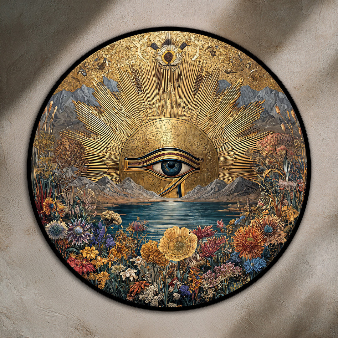 Mystical and radiant, this golden horizon eye round wooden oil painting captures a serene and sacred mood, a captivating oil painting reproduction print with a scenic landscape.