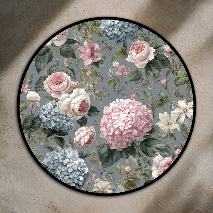 Realistically detailed, this vintage round oil painting art piece showcases romantic garden roses and hydrangeas in soft pastel tones with meticulously rendered floral elements.