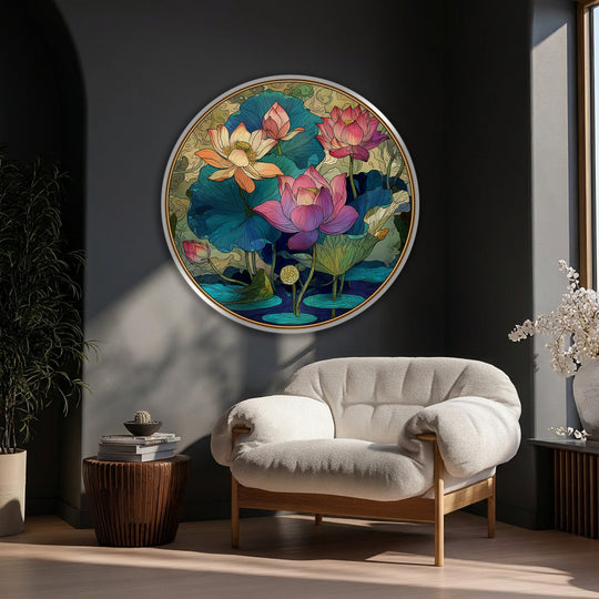 Stillness captures the beauty of the ornamental lotus garden round canvas print, offering an exquisite focal point in the room with its captivating big canvas prints.