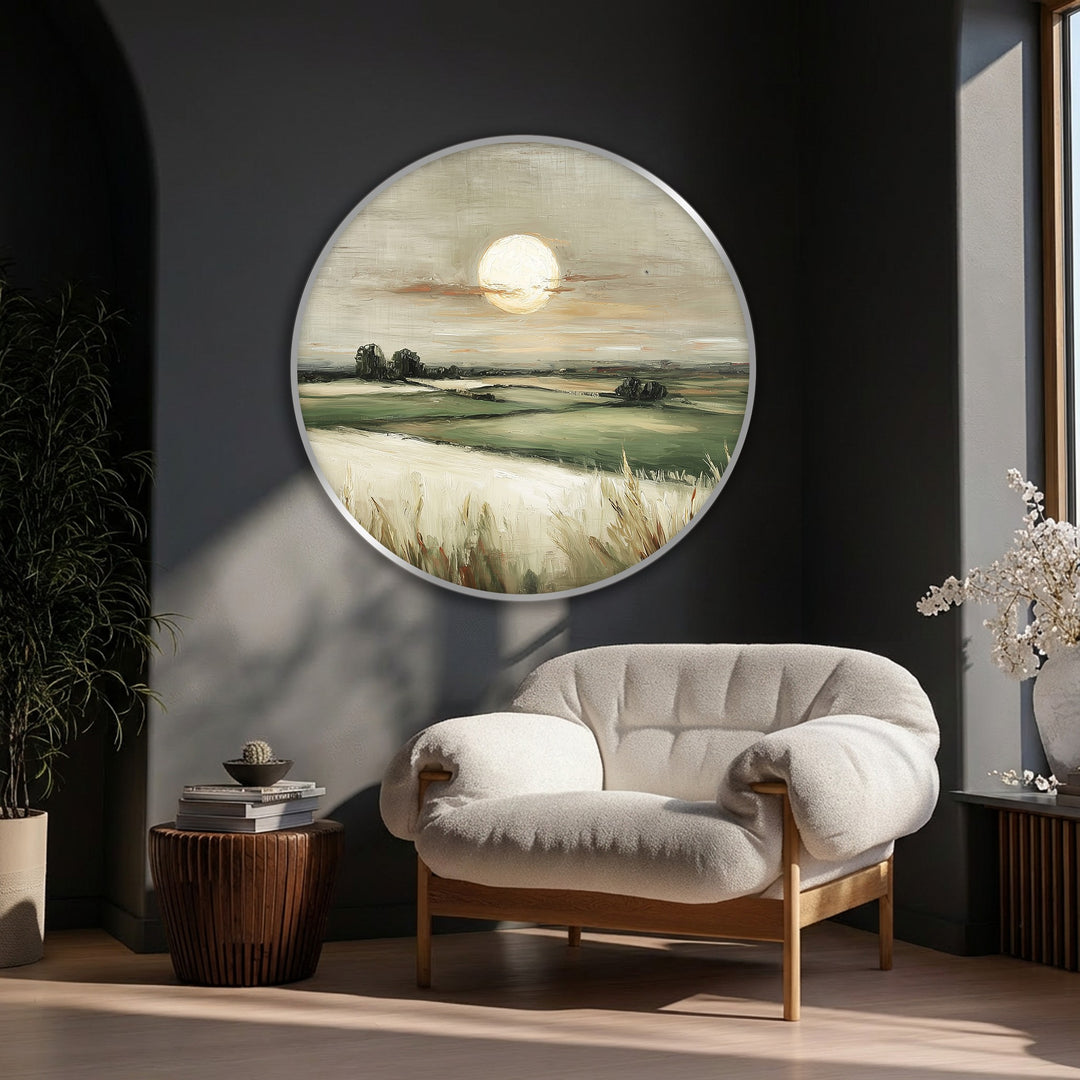 Realistically detailed, the golden horizon countryside landscape round canvas art showcases serene field details with expressive brushstrokes that bring this captivating canvas art to life.