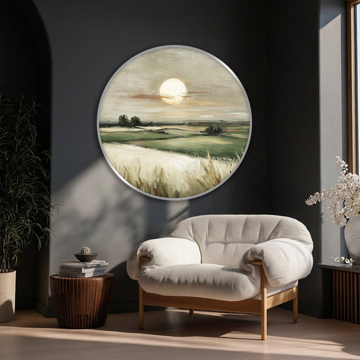 Realistically detailed, the golden horizon countryside landscape round canvas art showcases serene field details with expressive brushstrokes that bring this captivating canvas art to life.