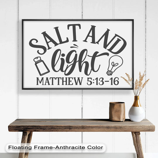 Alternating lettering sizes and the balanced imagery of a salt shaker and a light bulb create a visual rhythm in this oil painting reproduction print of Christian scripture.