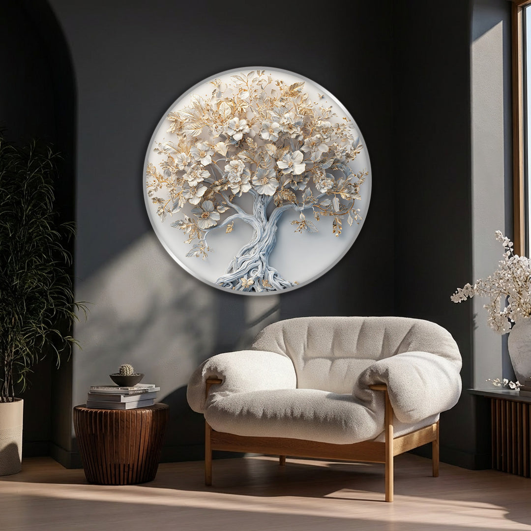 Golden Blossom Tree Round Canvas Print – Elegant White & Gold Nature Wall Art