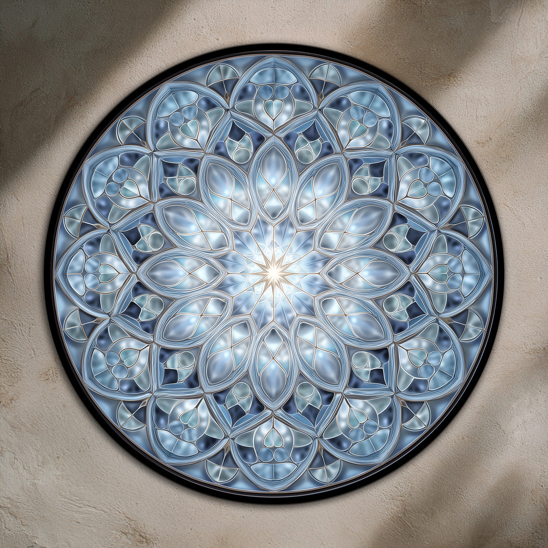 Armonía Cristalina – Mandala Azul Redonda Cuadro al óleo sobre madera