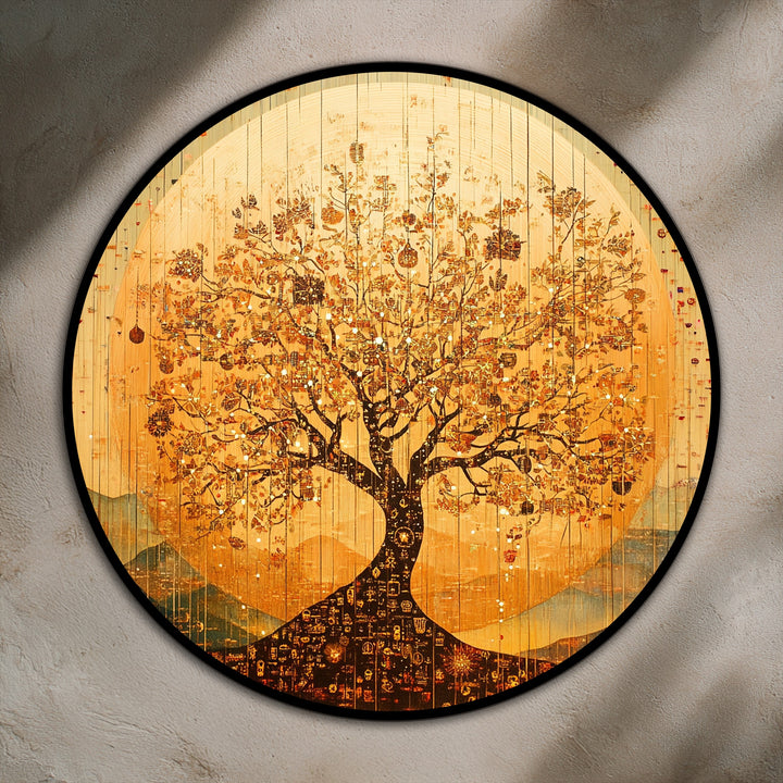 Radiating with organic forms, the golden tree of life in this round oil painting wall art depicts growth and harmony through detailed, swirling branches.