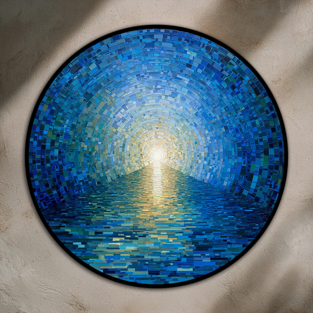 Softest light illuminates the radiant horizon in this round blue mosaic ocean oil painting artwork, creating a mesmerizing focal point of light and color.