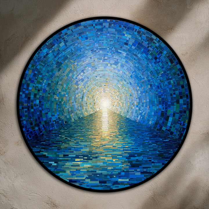 Softest light illuminates the radiant horizon in this round blue mosaic ocean oil painting artwork, creating a mesmerizing focal point of light and color.