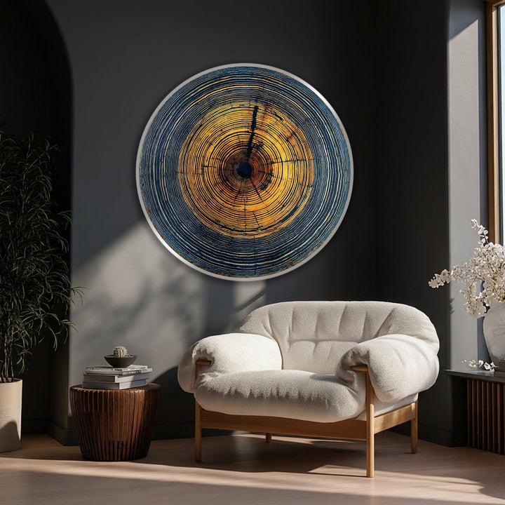 High-quality canvas artwork showcases the intricate textures of the golden tree rings abstract round canvas print, resembling a wood slice with remarkable material depth.