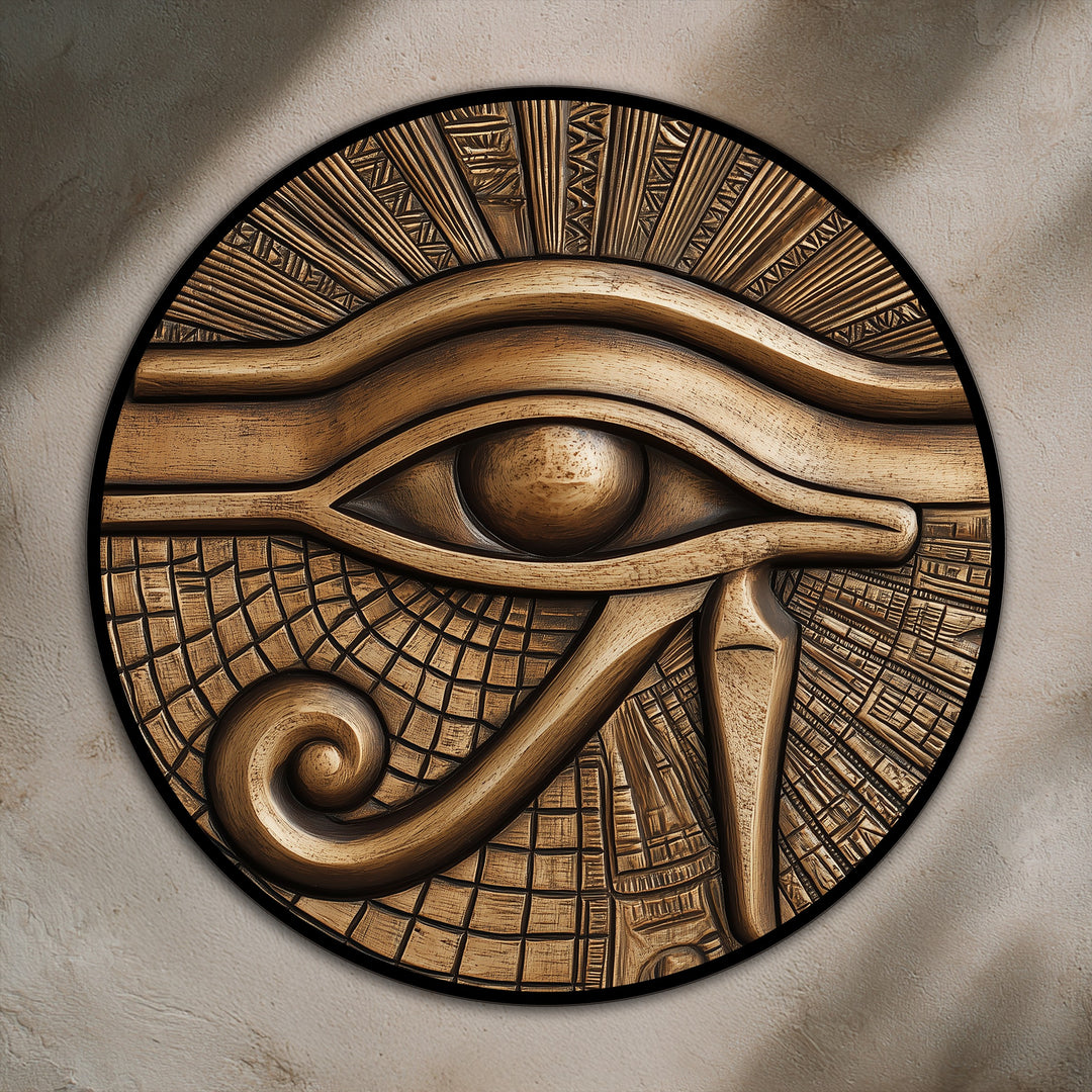 Visual rhythm emerges from the carved textures of this round oil painting wall art depicting the ancient Egyptian Eye symbol on wood, creating captivating depths.
