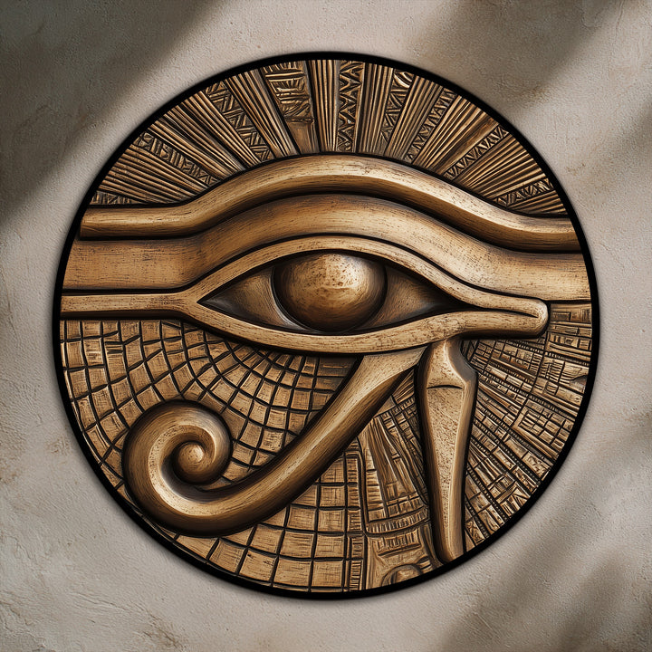 Visual rhythm emerges from the carved textures of this round oil painting wall art depicting the ancient Egyptian Eye symbol on wood, creating captivating depths.