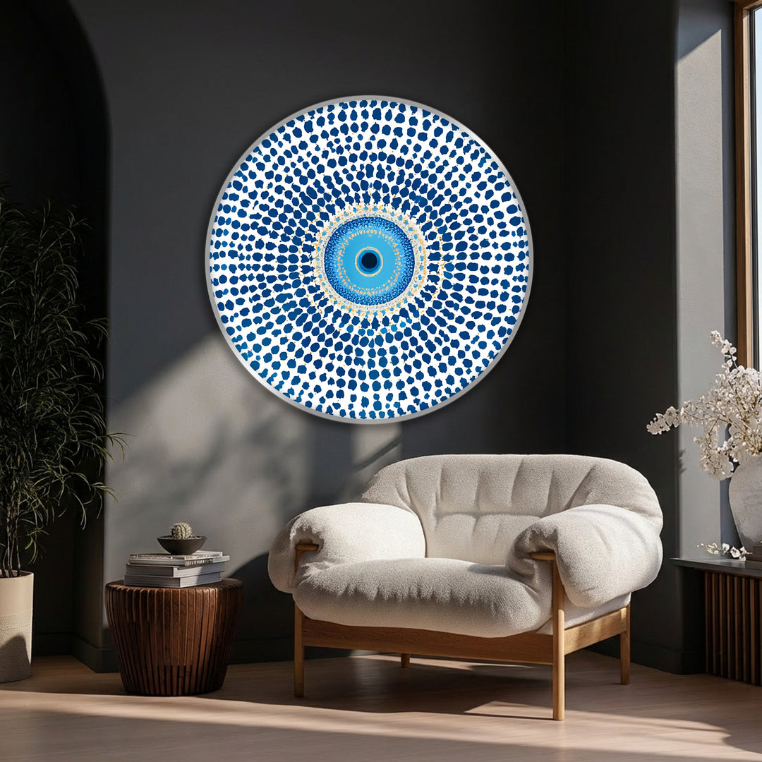 Tableau rond Mandala Œil bleu maléfique–Symbole protecteur