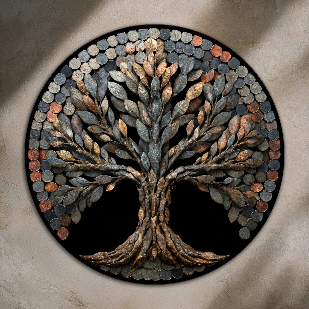Sculpted coin leaves shape an intriguing organic design in this round, wooden oil painting art piece depicting a rustic tree.
