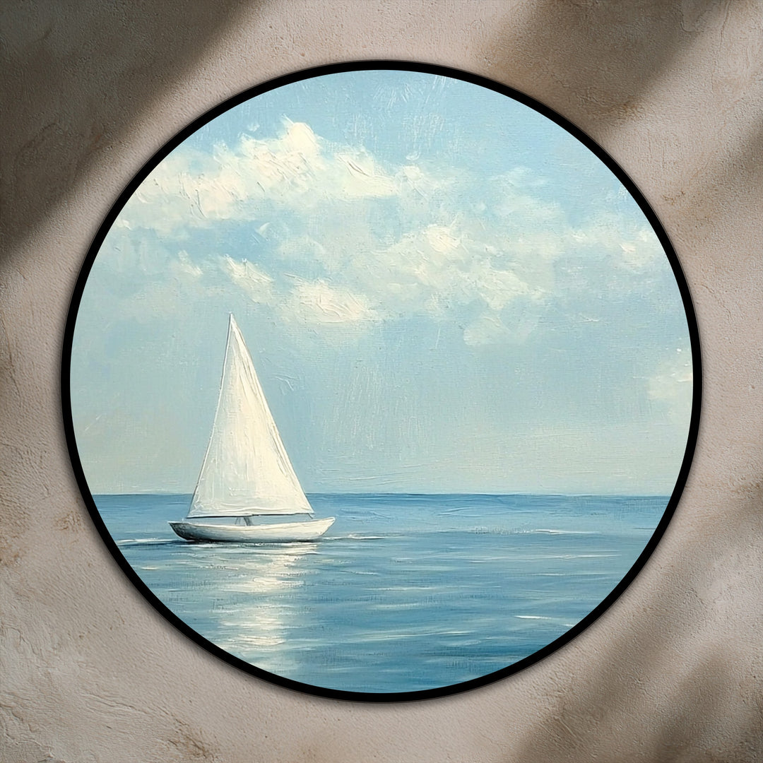 Radiant light highlights the sail and reflects off the water in this serene oil painting art piece of a sailboat on the Silent Horizon.