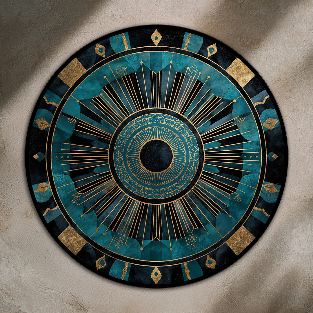 The darkest area highlights the mesmerizing center of this round, abstract oil painting wall art, encircled by radiant teal and gold geometric designs.