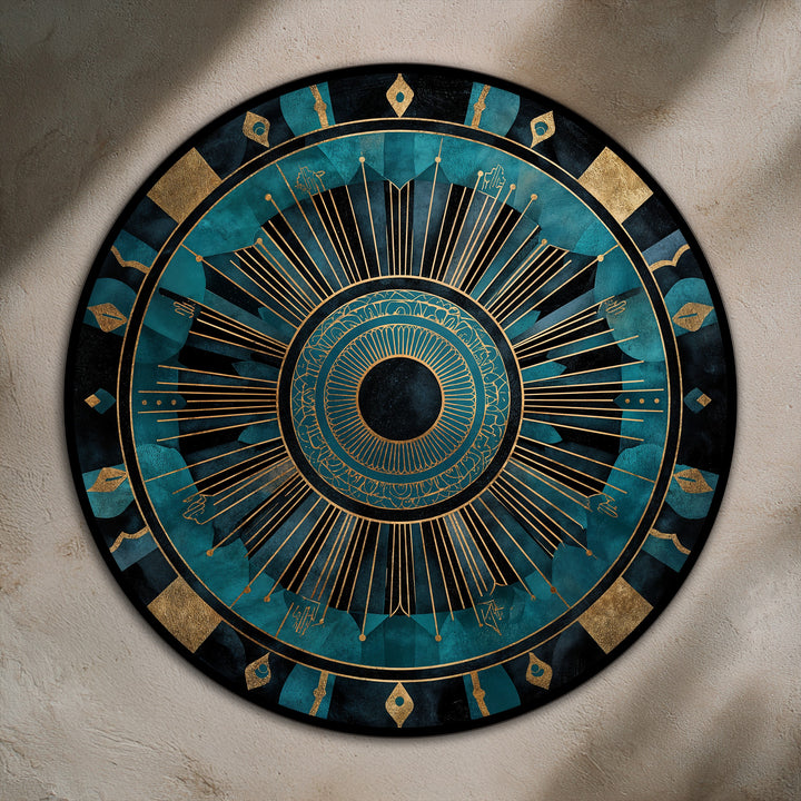 The darkest area highlights the mesmerizing center of this round, abstract oil painting wall art, encircled by radiant teal and gold geometric designs.