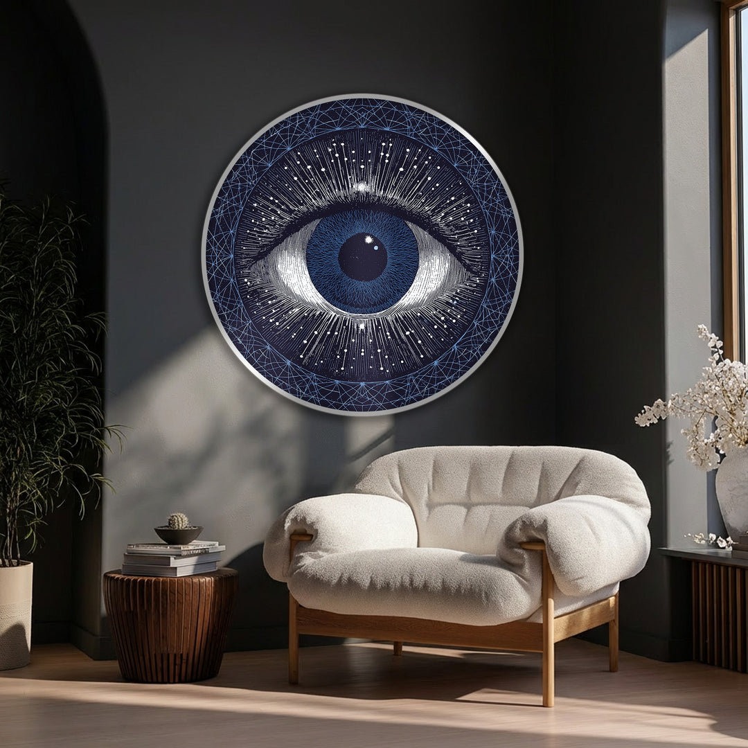 Enigmatic shadows accentuate the cosmic eye vision round canvas print's celestial design, highlighting the modern canvas painting style abstract wall art.
