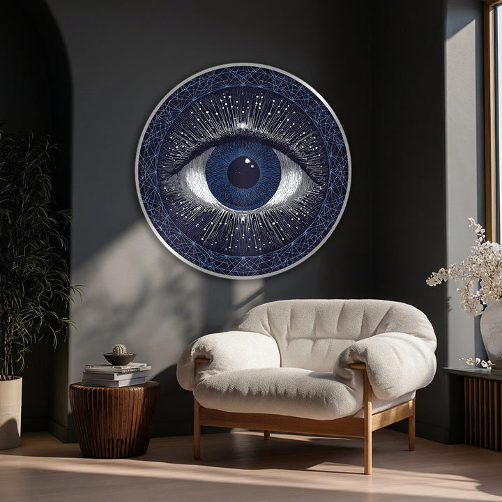 Enigmatic shadows accentuate the cosmic eye vision round canvas print's celestial design, highlighting the modern canvas painting style abstract wall art.