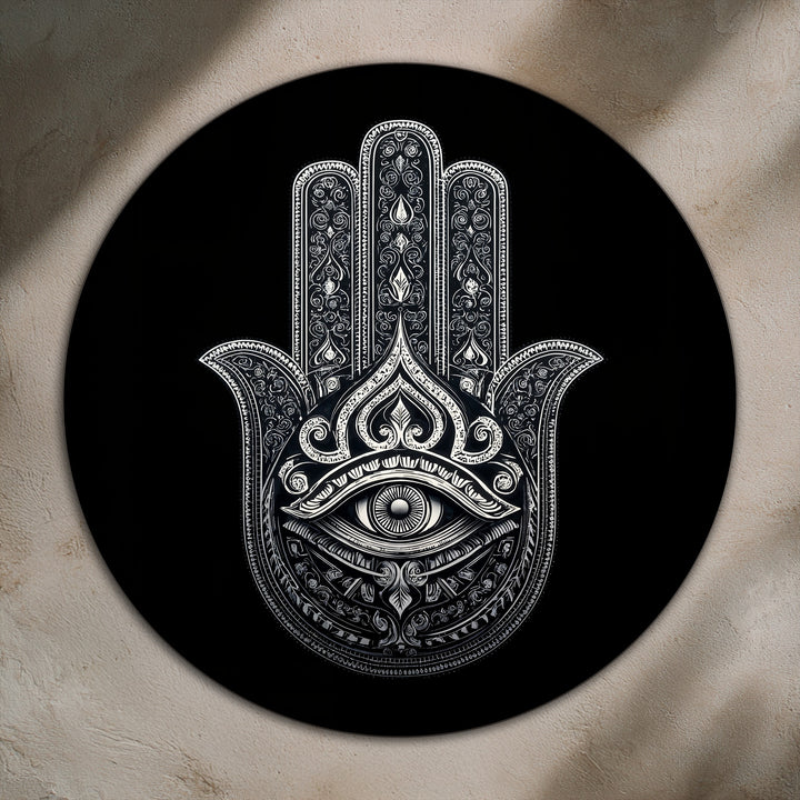 Foreground details highlight the exquisite monochromatic craftsmanship within this protective Sacred Protection Hamsa Eye, a distinct oil painting art prints.