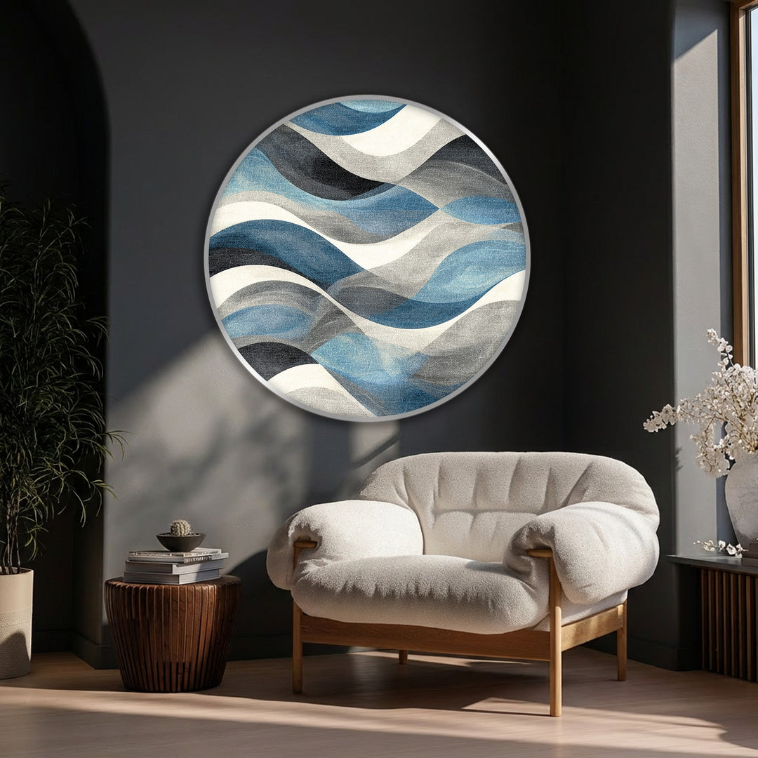 Impression sur toile ronde abstraite « Vagues bleues ondulantes » –Art mural côtier moderne