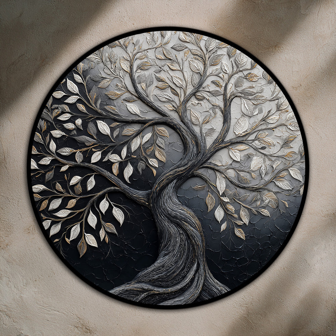Horizontal, circular oil painting home decor showcases a 'Tree of Life' with contrasting tones, creating a visually striking round art piece.
