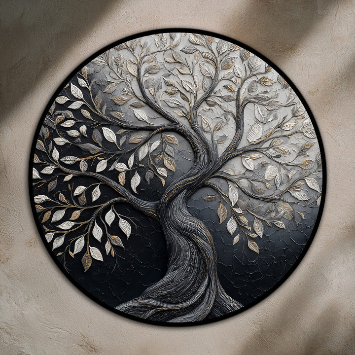 Horizontal, circular oil painting home decor showcases a 'Tree of Life' with contrasting tones, creating a visually striking round art piece.