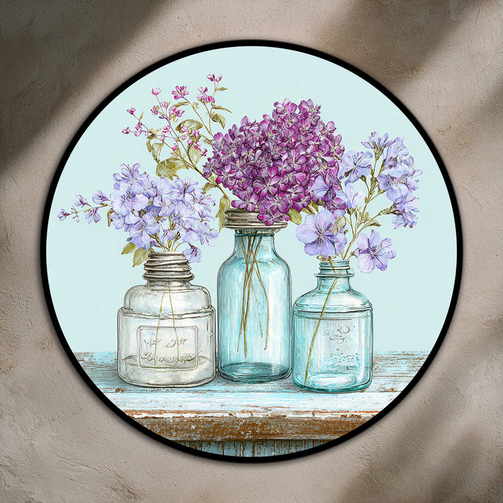 Wavering wildflower stems create a flowing sense of movement in this round pastel jars oil painting art piece, depicting the soft forms of spring.