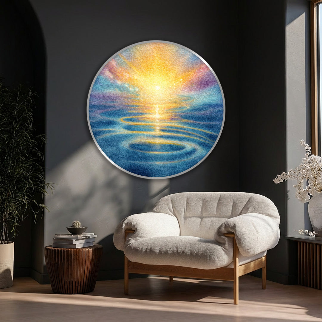 Radiant Sunset Reflection Round Canvas Print – Colorful Ocean Wall Art