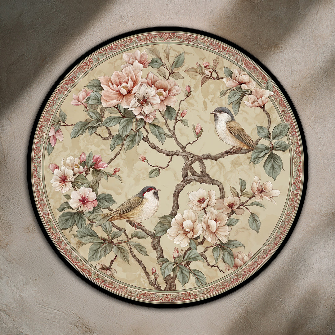 Warm color temperature highlights the blossoming branches with songbirds in this round oil painting home decor, adding elegance and serenity.