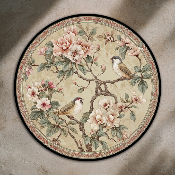 Warm color temperature highlights the blossoming branches with songbirds in this round oil painting home decor, adding elegance and serenity.