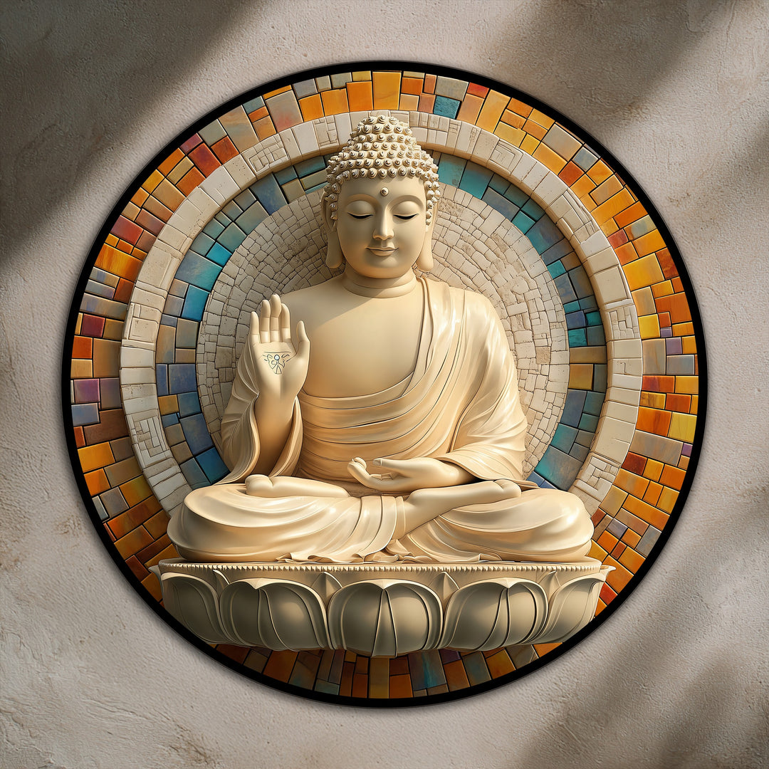 Alternating colors and textures in the mosaic halo behind the Buddha create a striking visual rhythm within this serene radiant blessing round oil painting wall art.