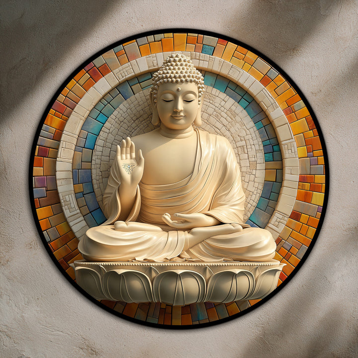 Alternating colors and textures in the mosaic halo behind the Buddha create a striking visual rhythm within this serene radiant blessing round oil painting wall art.