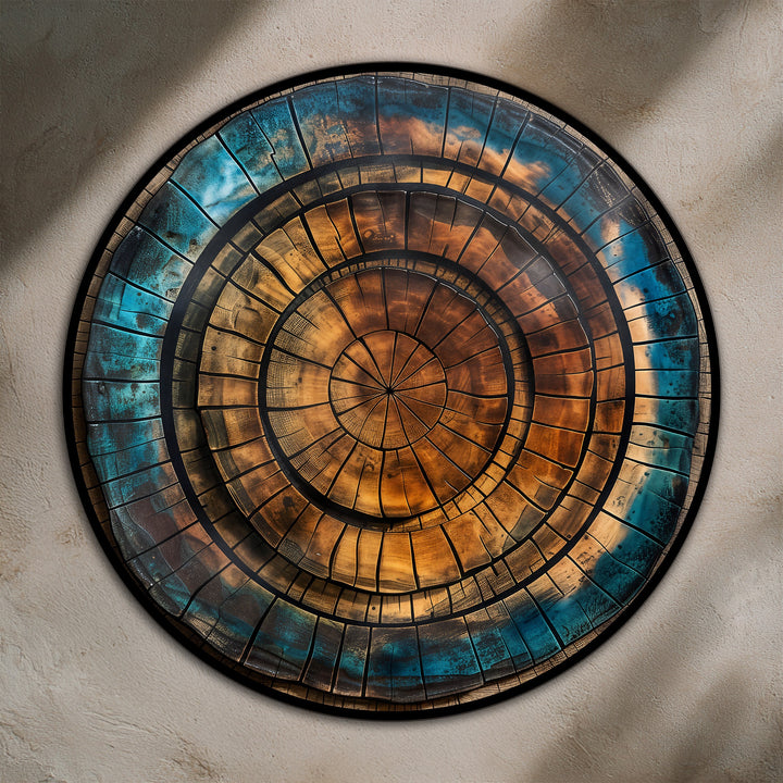 The central subject displays a modern oil painting art in an abstract copper spiral round on wood, featuring a geometric design with warm and teal tones.