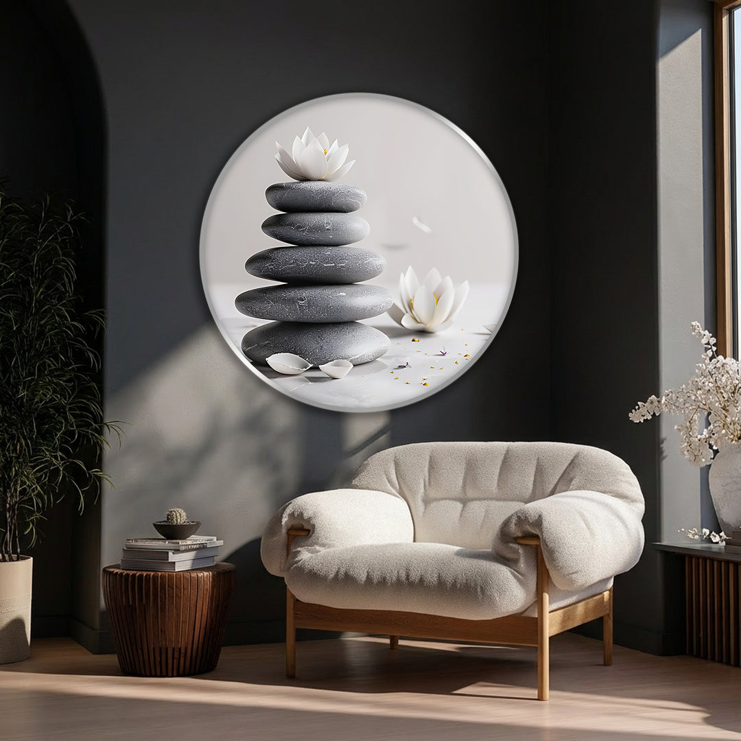 Zen Balance Stones with Lotus Round Canvas Print – Minimalist Spa Wall Art