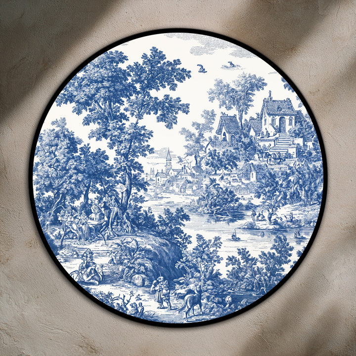 Highlighting the layering effect of the trees and buildings in this modern oil painting art, the classic blue toile countryside scene is rich with depth and detail.