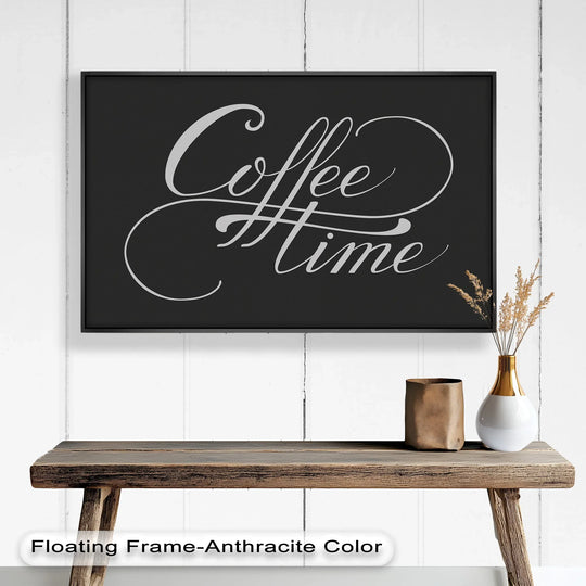 High color contrast highlights the script 'Coffee Time' oil painting art piece framed in dark anthracite against a bright white wood panel backdrop.