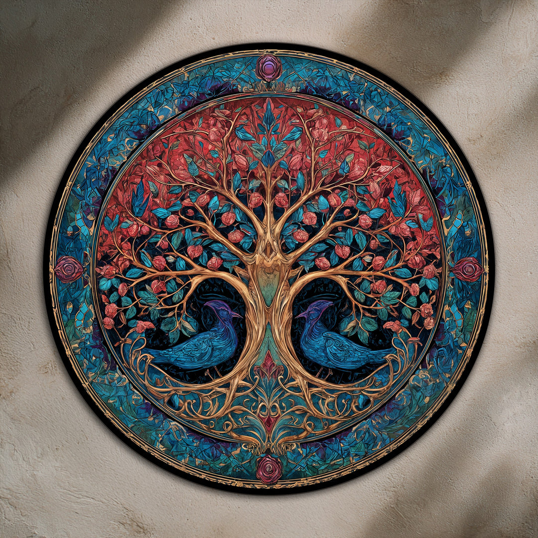 Defined by the negative space, this oil painting artwork presents an ornate Tree of Life, featuring rich red blossoms and perching blue birds.