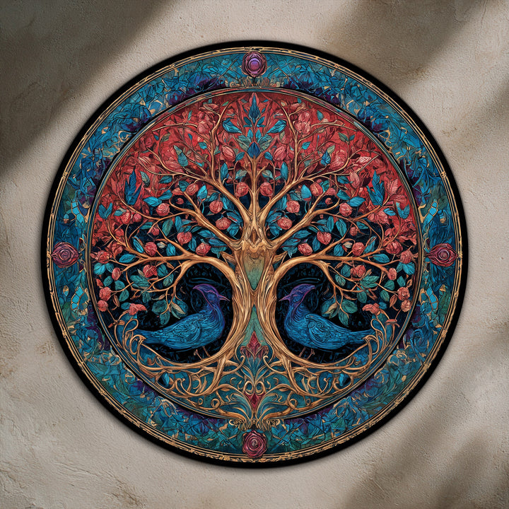 Defined by the negative space, this oil painting artwork presents an ornate Tree of Life, featuring rich red blossoms and perching blue birds.
