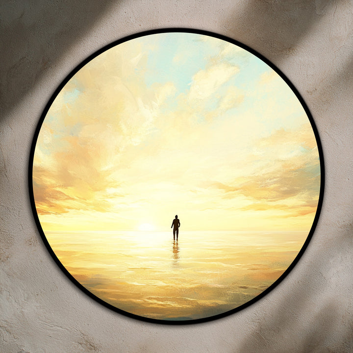 The focal point of this golden sunset reflection round oil painting art prints shows a distant silhouette, standing in a tranquil, reflective sea under a brilliant sky.