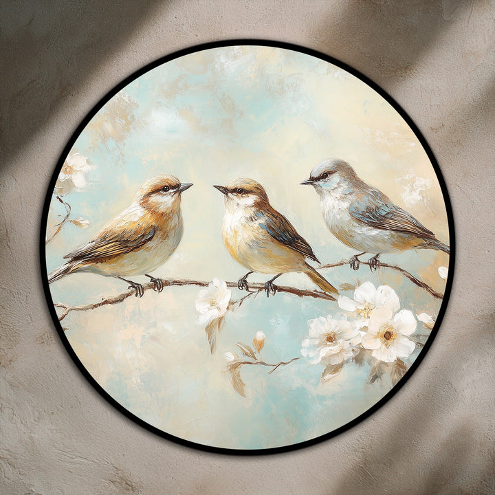 Layering of soft colors creates depth in this round oil painting home decor of three songbirds perched among delicate whispering blossoms.